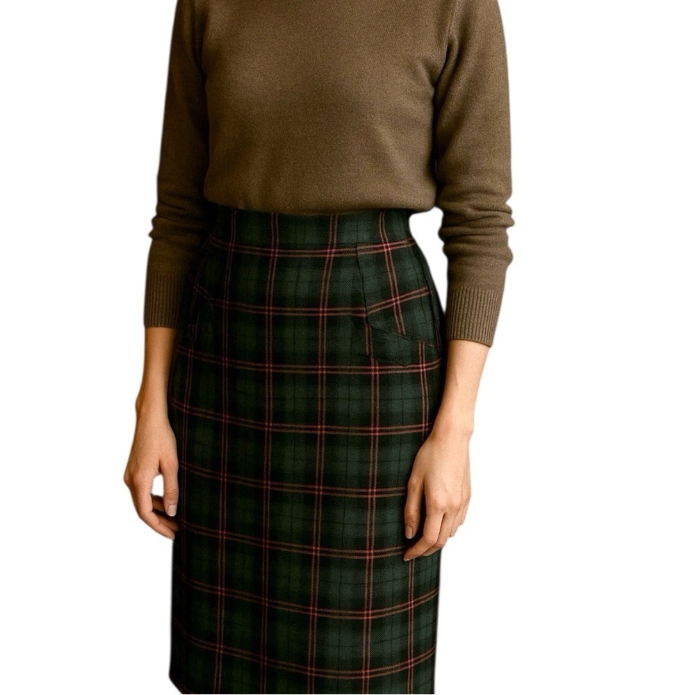 Vintage 80s 90s Plaid Pencil Skirt Green Red Dark Academia Size 10